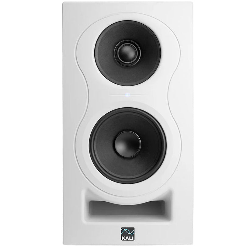 White Kali Audio IN-5 active nearfield monitor speaker showing its front view with a sleek design and control panel.