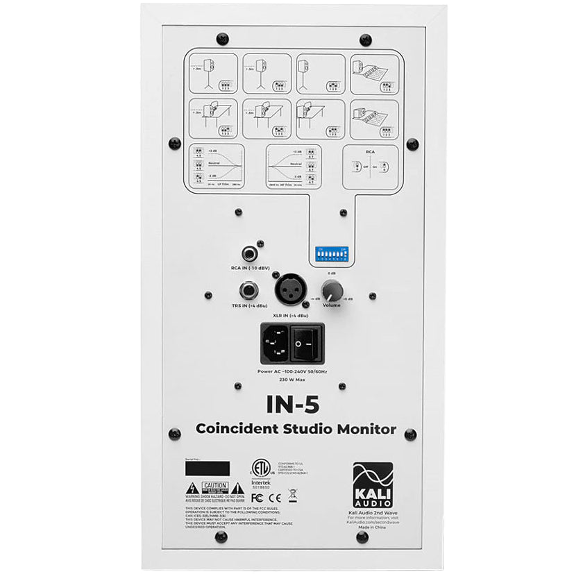 Kali Audio IN-5 white active nearfield monitors with sleek design and front-firing bass port for accurate audio monitoring
