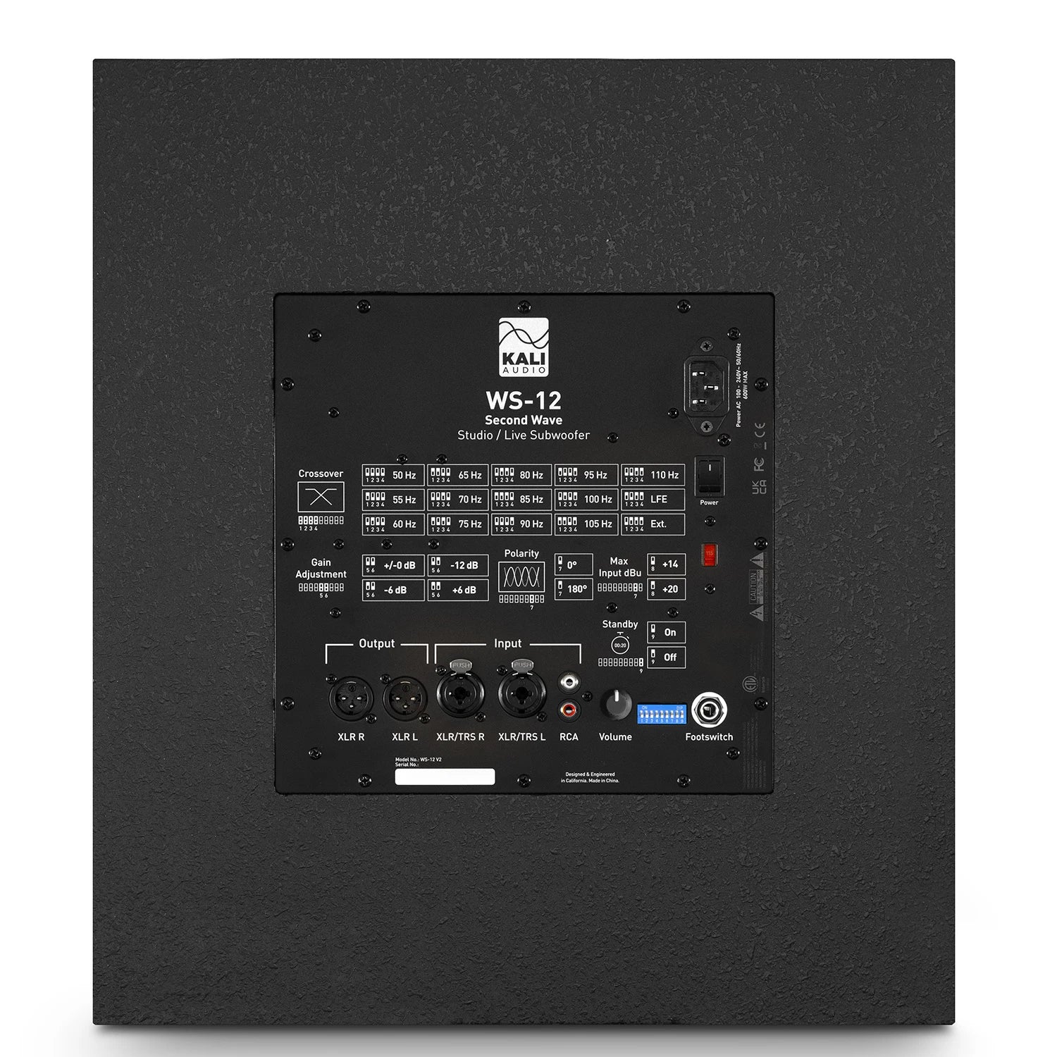 Kali Audio WS-12 V2 subwoofer with black cabinet, front grille, and control panel, designed for high-quality audio output.