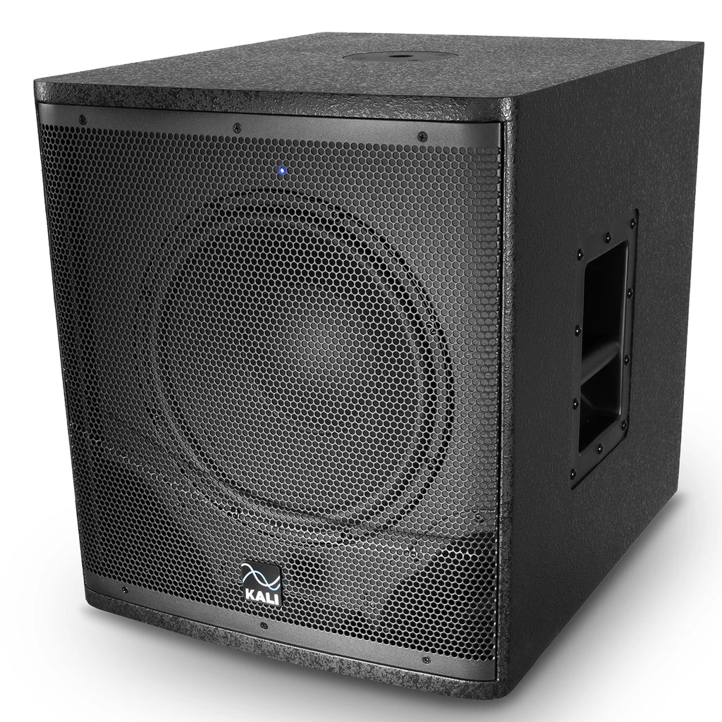 Kali Audio WS-12 V2 subwoofer with black cabinet, front grille, and control panel, designed for professional audio setups