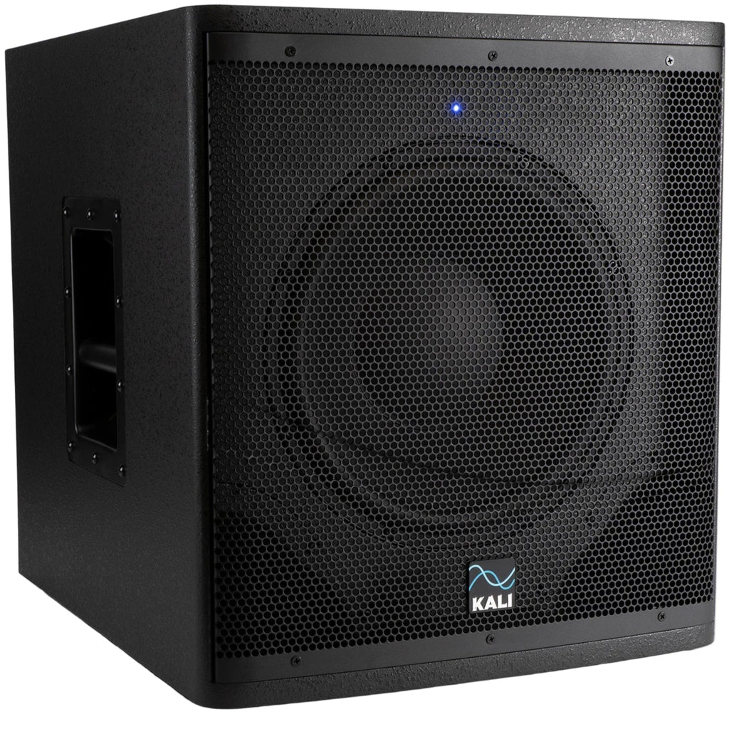 Kali Audio WS-12 V2 subwoofer showing a sleek black design with a large speaker cone and control panel on the front.