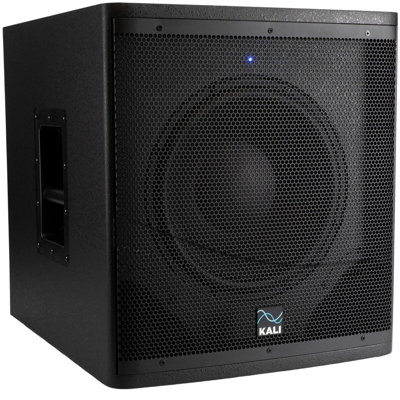 Kali Audio WS-12 V2 subwoofer showing a sleek black design with a large speaker cone and control panel on the front.