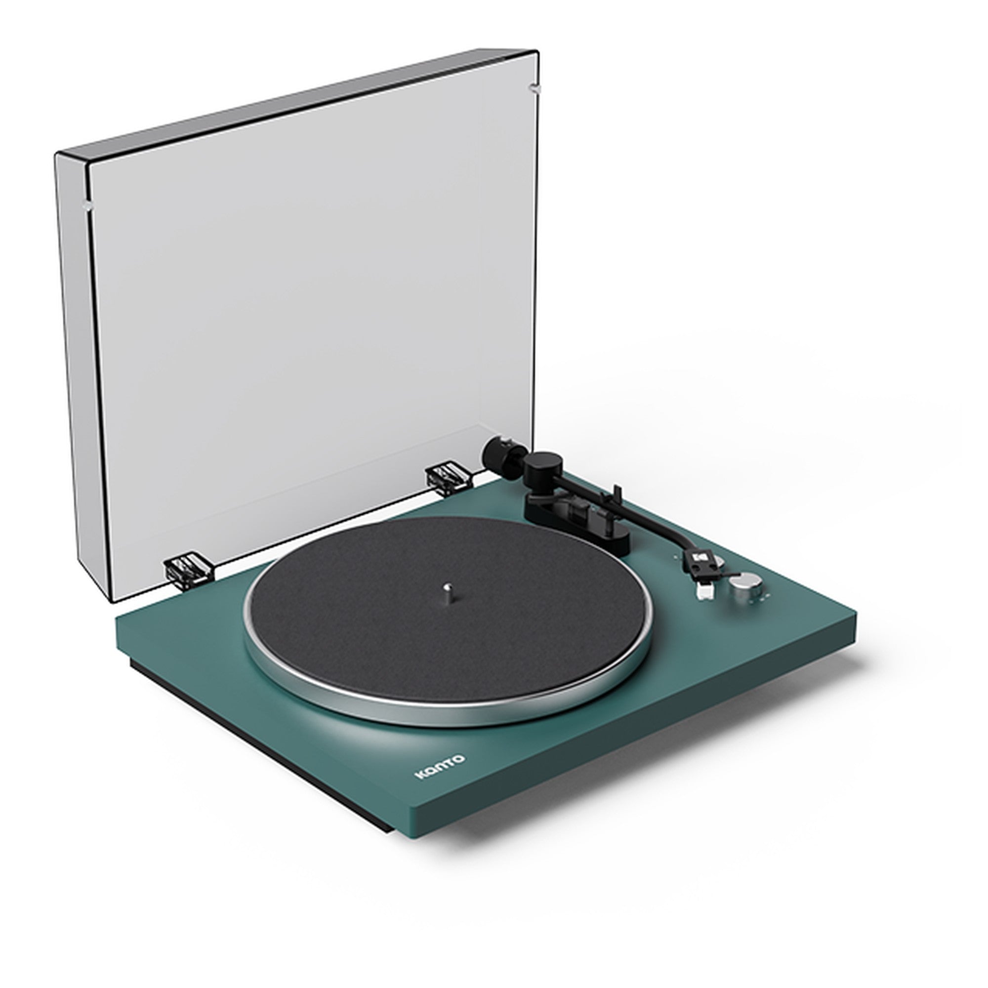 Kanto Audio OBI3 Gen 2 turntable, Green, angled view with dustcover open