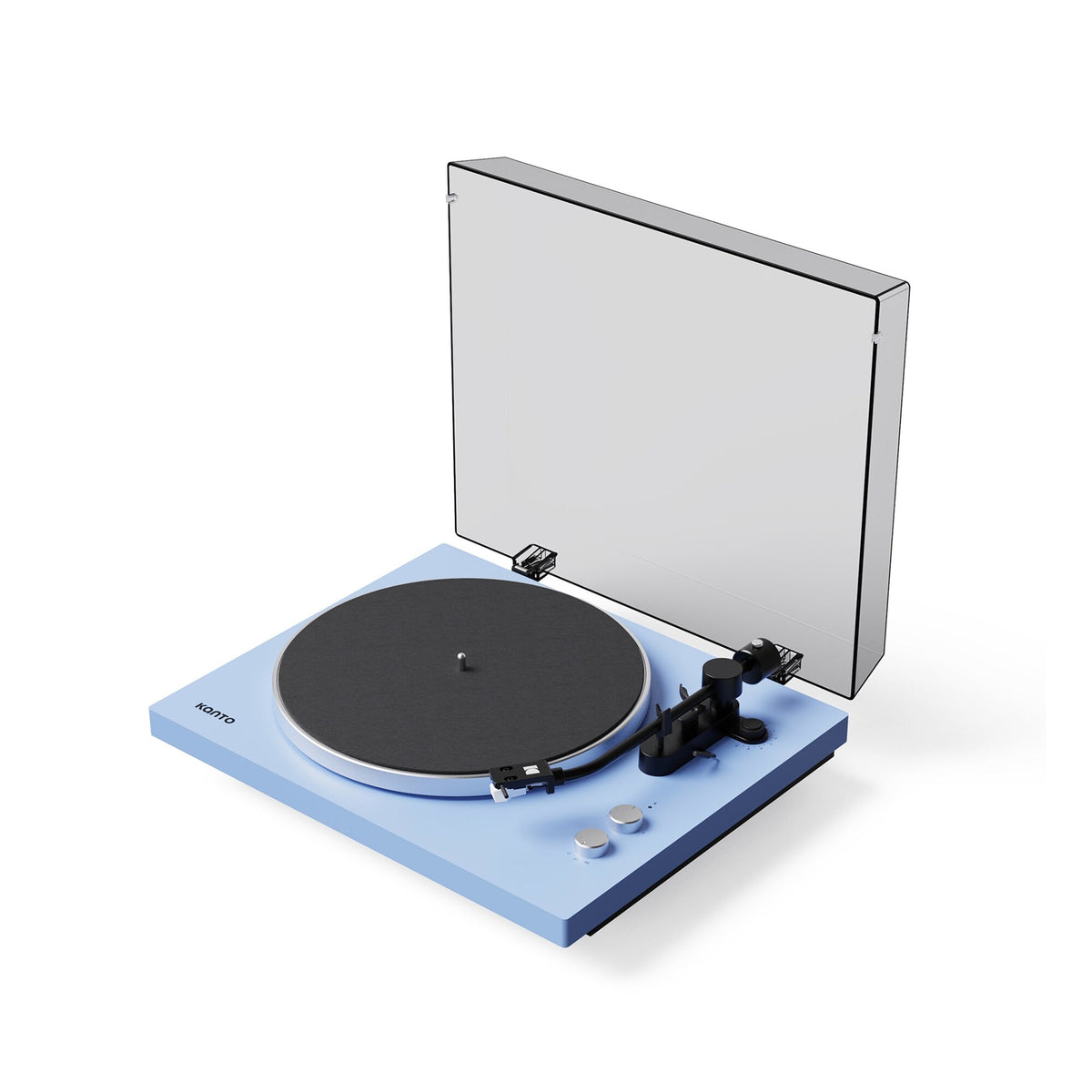 Kanto Audio OBI3 Gen 2 turntable, Ice Blue, angled view with dustcover open