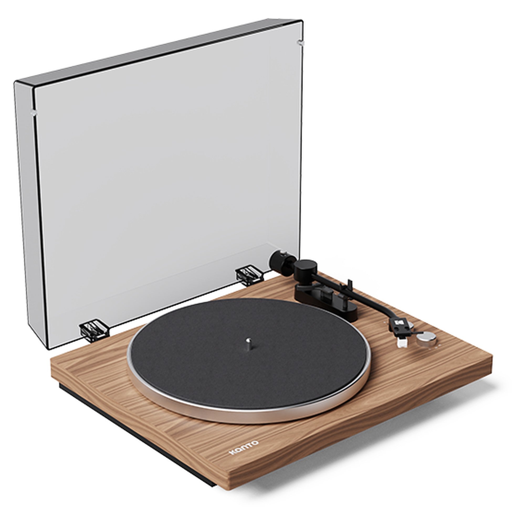 Kanto Audio OBI3 Gen 2 turntable, Walnut, angled view with dustcover open