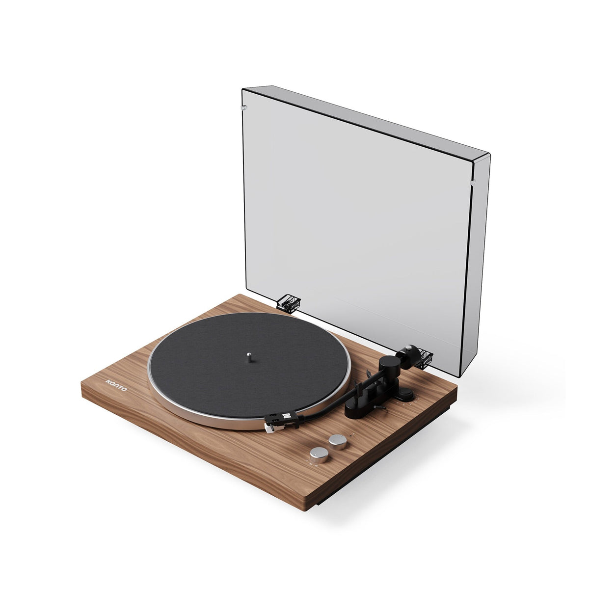 Kanto Audio OBI3 Gen 2 turntable, Walnut, angled view with dustcover open