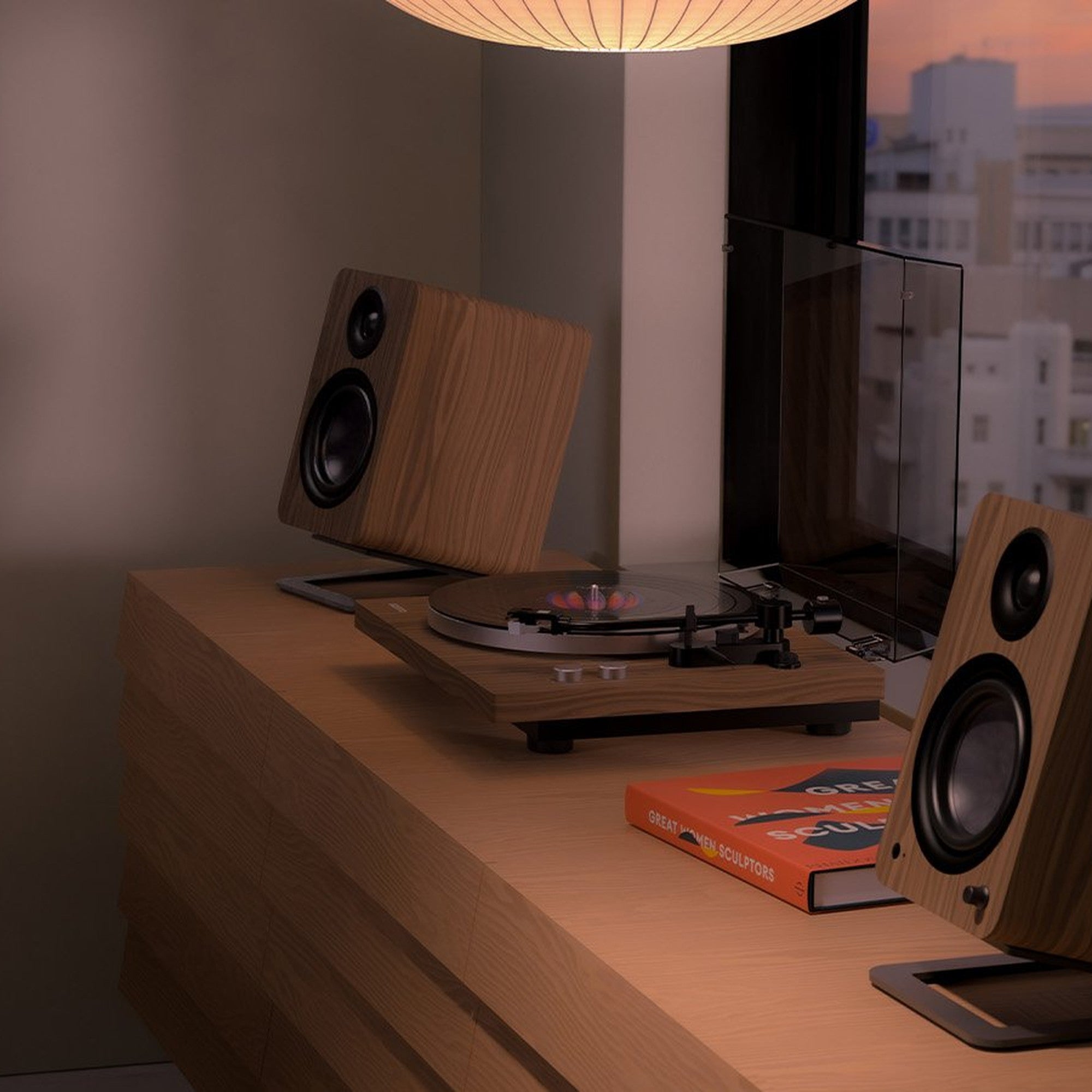 Kanto Audio OBI3 Gen 2 turntable, Walnut, in a home setting