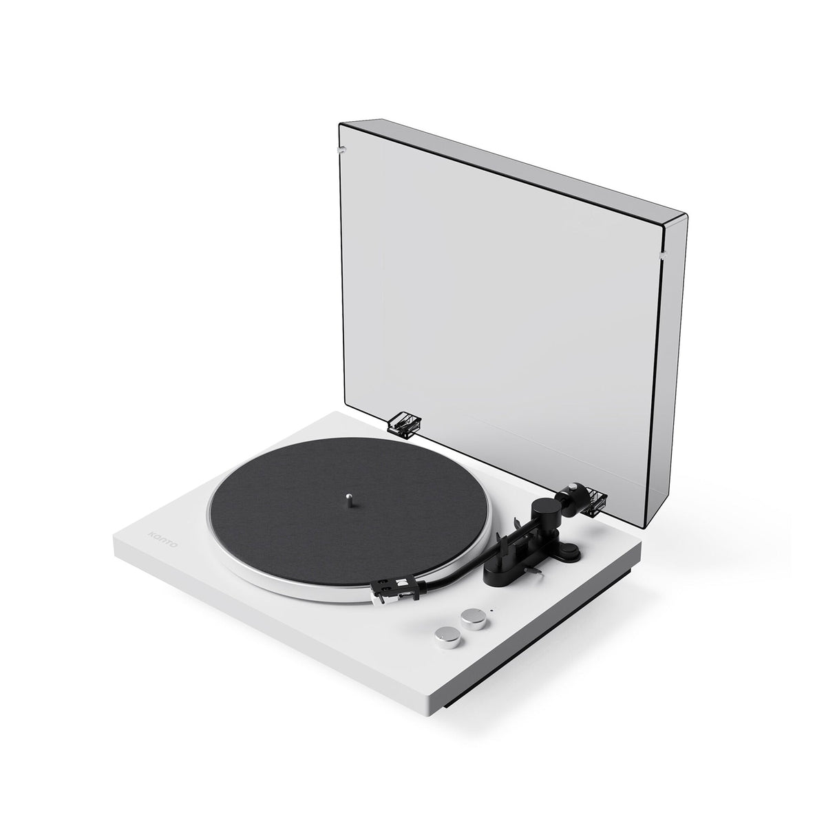 Kanto Audio OBI3 Gen 2 turntable, White, angled view with dustcover open