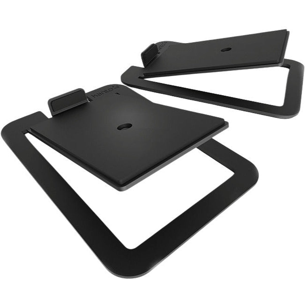 Kanto Audio S4 desktop speaker stands holding compact speakers on a desk, with a modern black design and adjustable height.