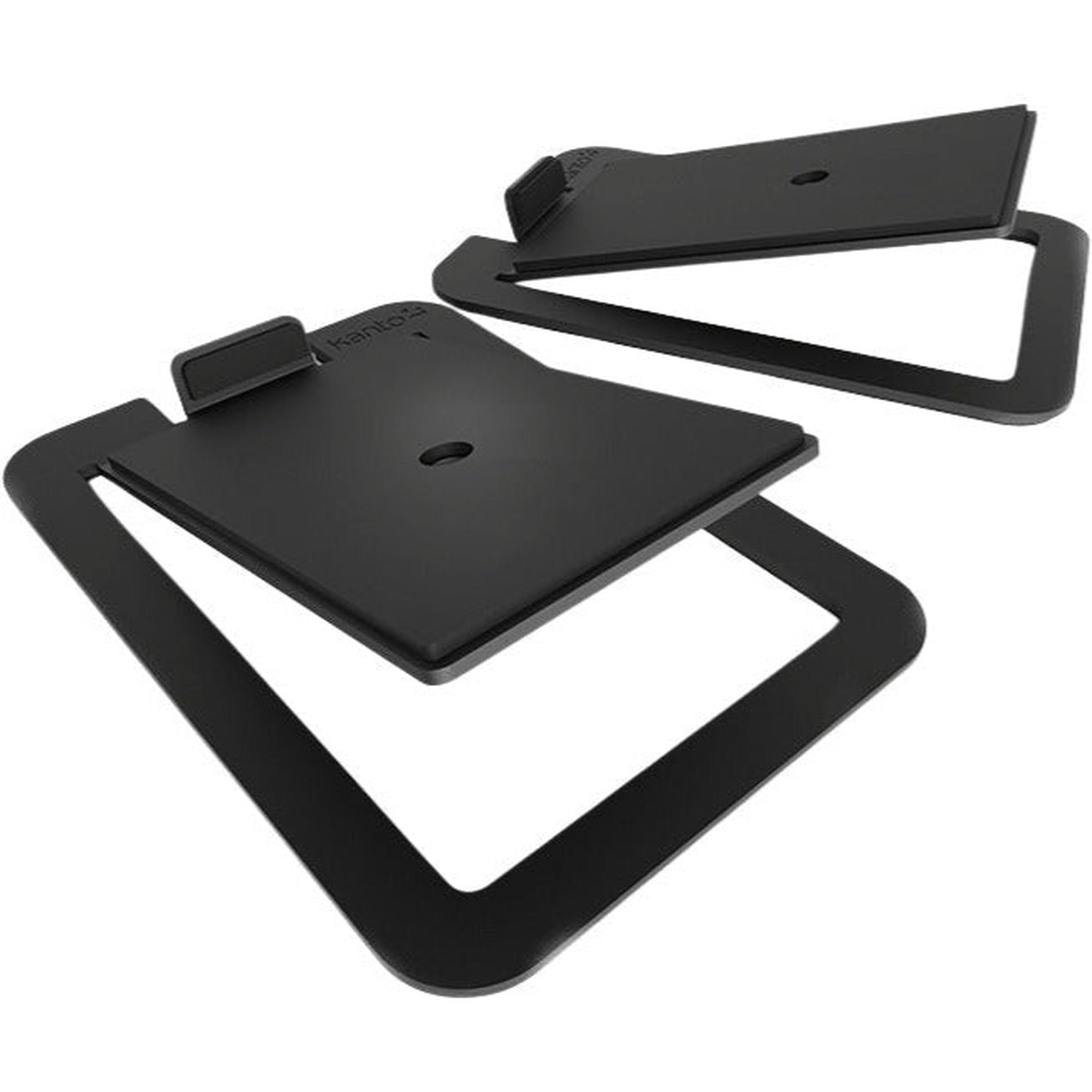Kanto Audio S4 desktop speaker stands holding compact speakers on a desk, with a modern black design and adjustable height.