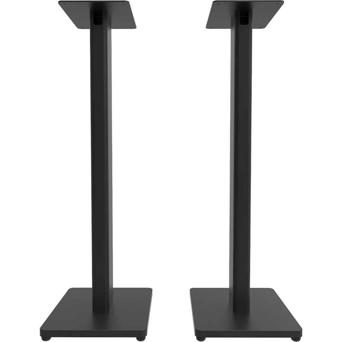 Kanto Audio ST28 speaker stands holding a pair of speakers, with adjustable height and sturdy black metal construction.