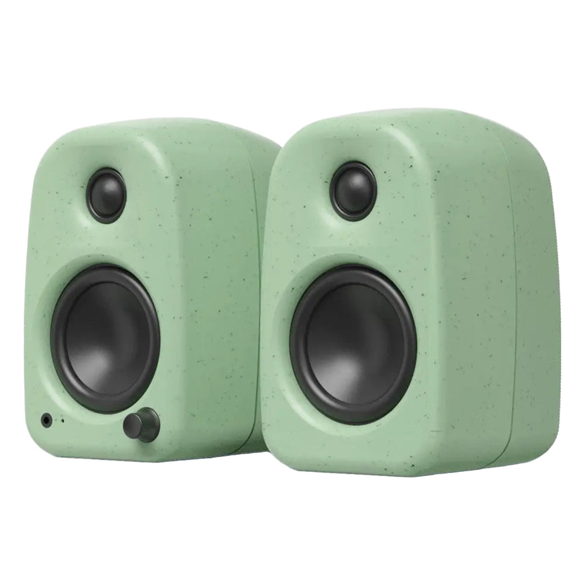 Kanto Audio UKI desktop speakers shown from front perspective, compact design with black finish and control knobs on top.
