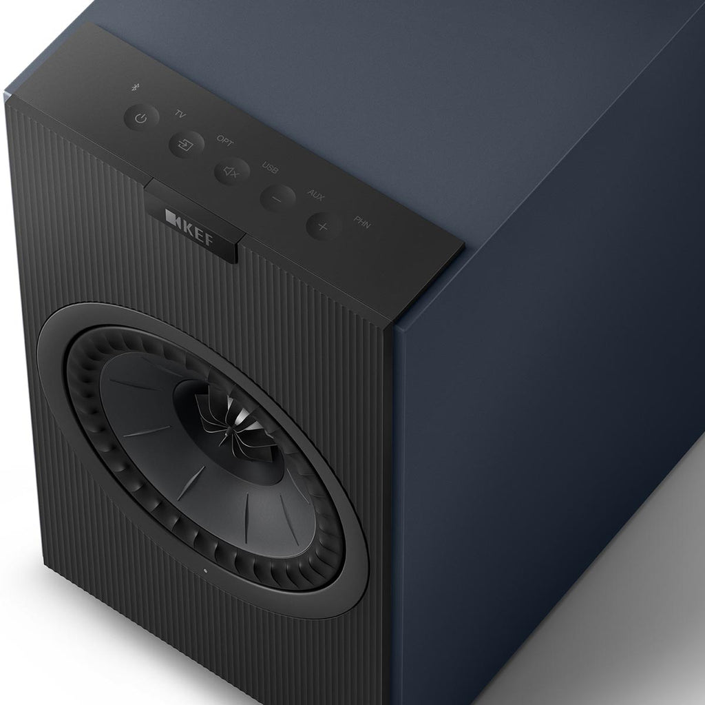 Black KEF Coda W active bookshelf speakers with sleek design, featuring drivers and control panels visible in the image.