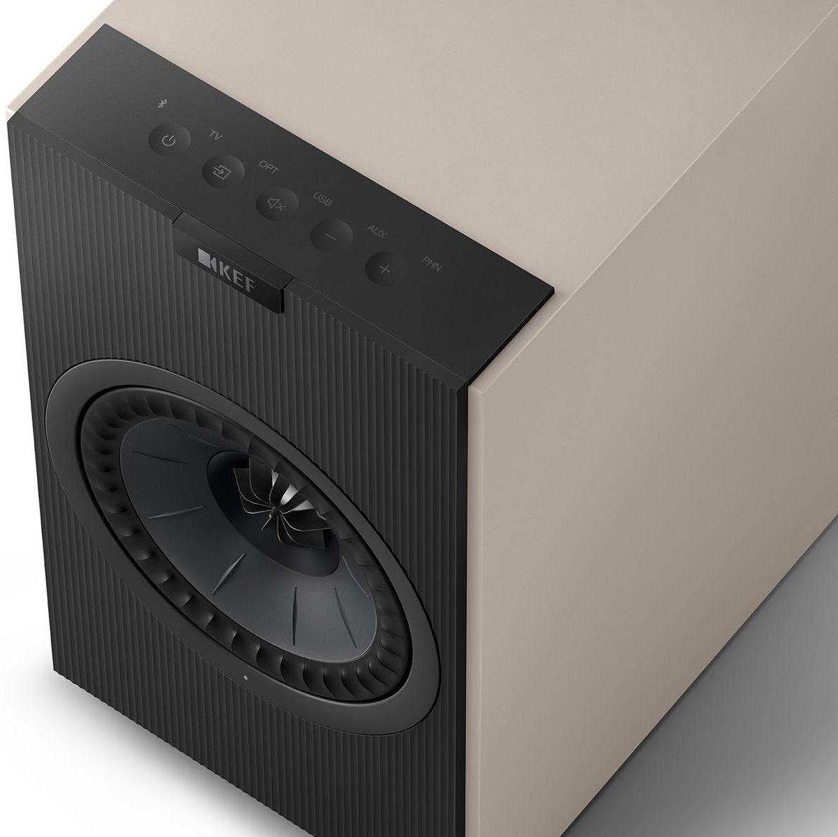 KEF Coda W active bookshelf speakers with sleek gray finish, showcasing modern audio design and compact form factor.