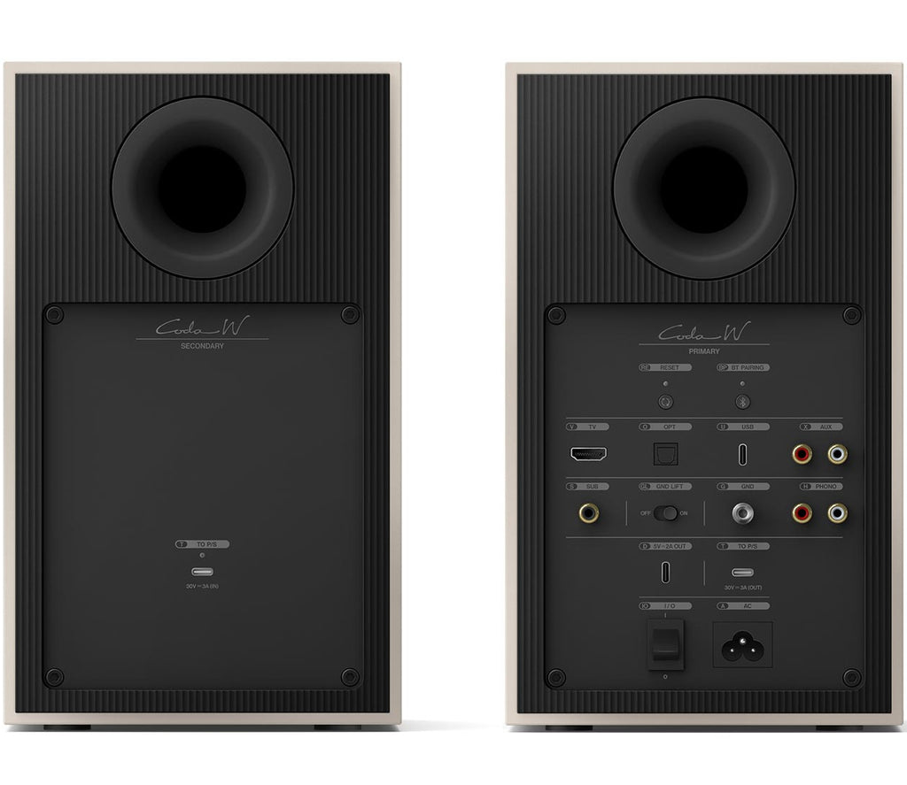 KEF Coda W active bookshelf speakers in gray, showcasing sleek design and compact size for high-quality audio.