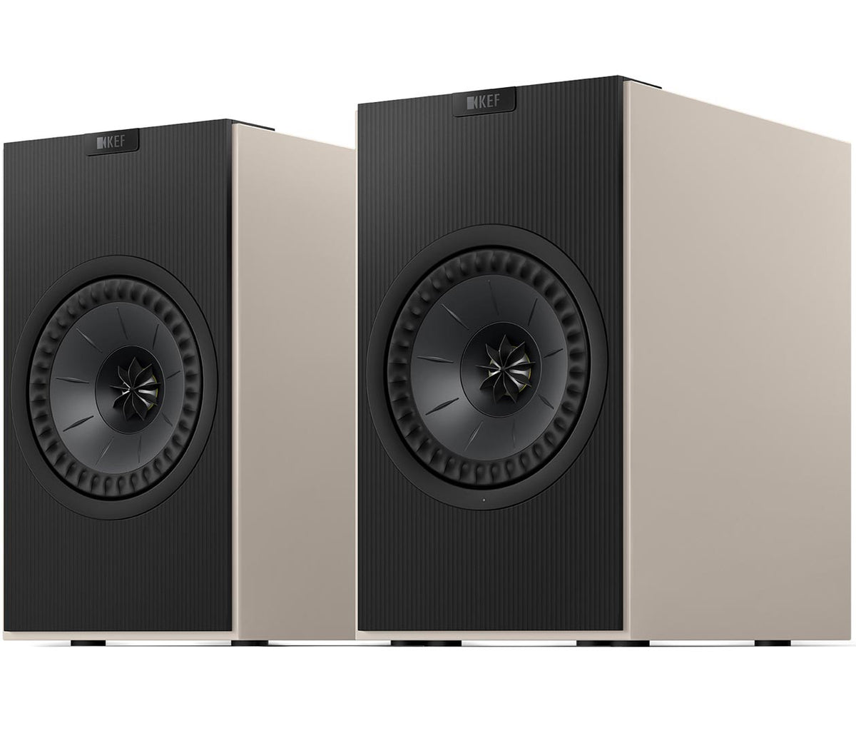 KEF Coda W active bookshelf speakers in gray finish, showcasing sleek design and compact size for high-quality audio.