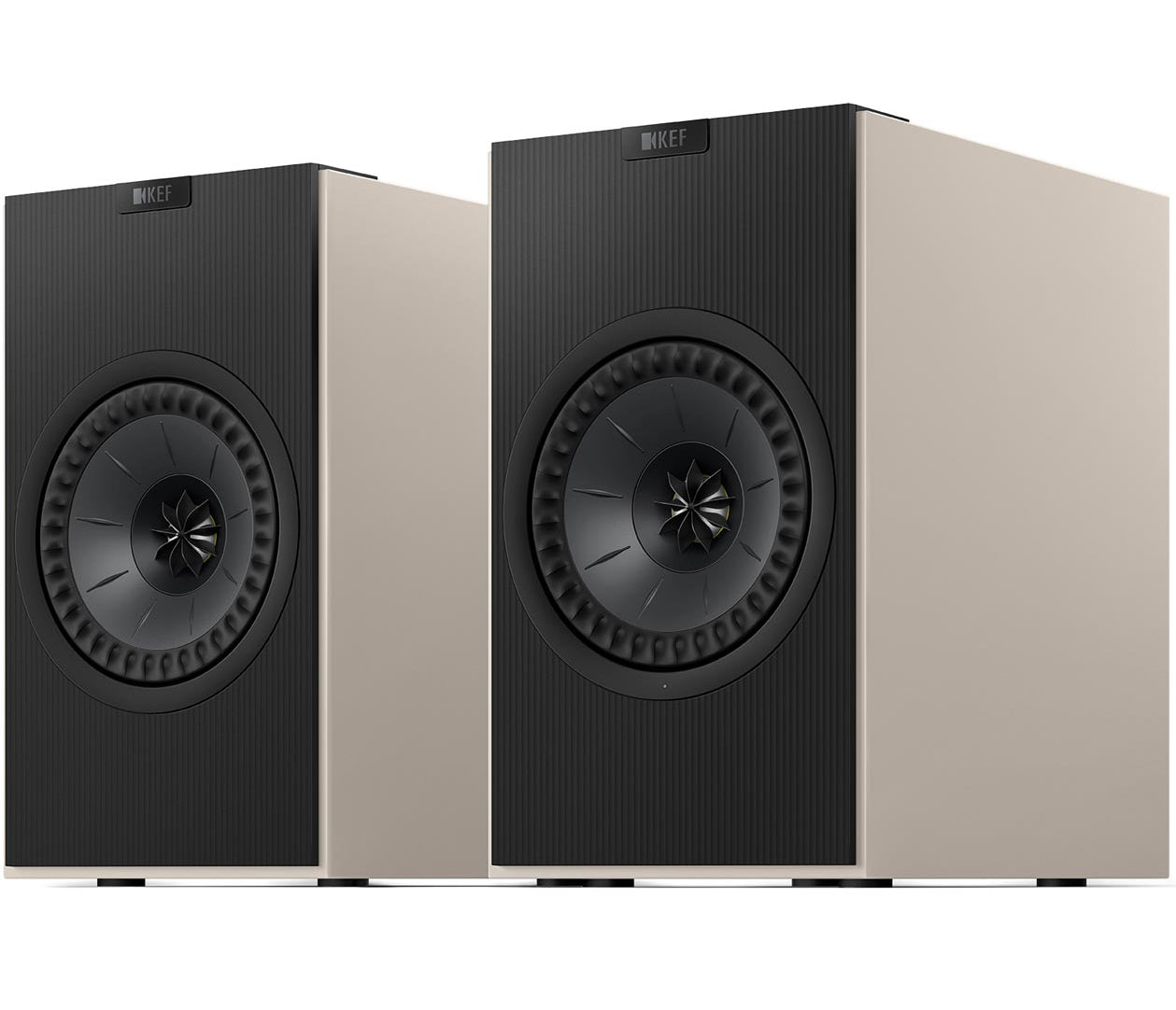 KEF Coda W active bookshelf speakers in gray finish, showcasing sleek design and compact size for high-quality audio.