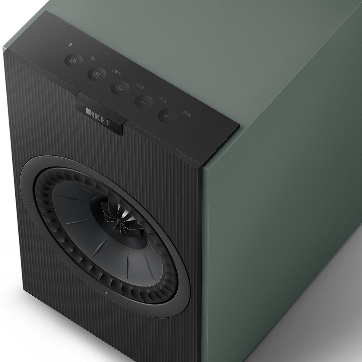 KEF Coda W active bookshelf speakers in green with sleek design and modern finish, ideal for high-quality audio at home.