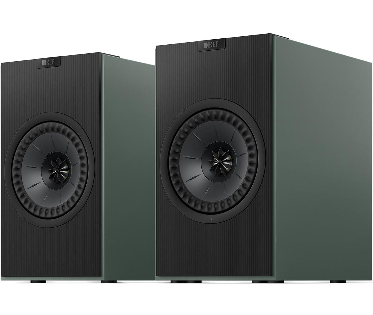 Green KEF Coda W active bookshelf speakers with modern design and sleek finish, showcasing their compact and stylish appearance.