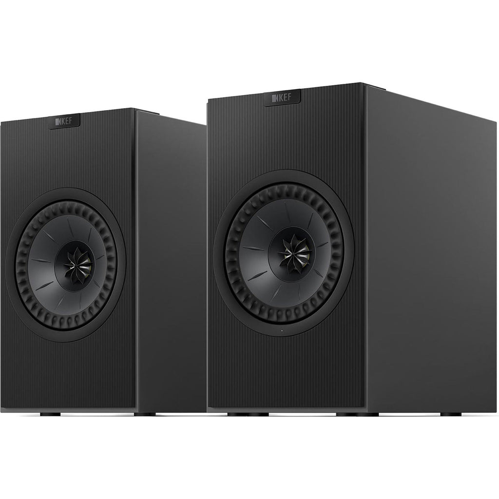 KEF Coda W active bookshelf speakers shown in black with sleek design and front-facing drivers for high-quality sound.