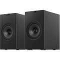 KEF Coda W active bookshelf speakers shown in black with sleek design and front-facing drivers for high-quality sound.