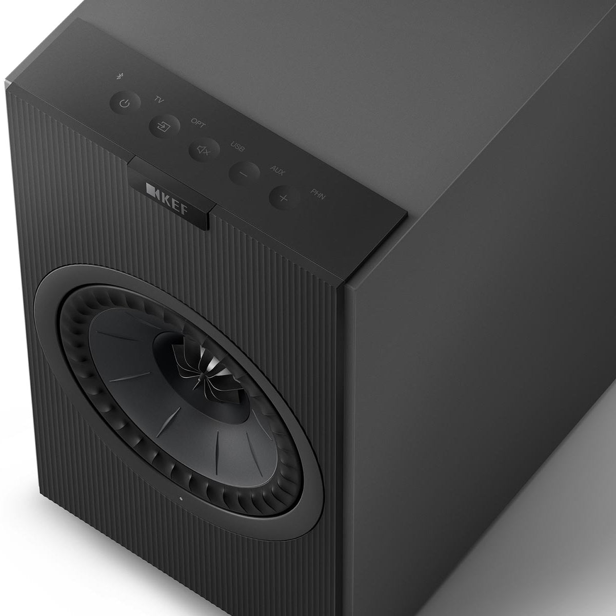 KEF Coda W active bookshelf speakers in titanium finish, showcasing sleek design and front-facing drivers for high-quality sound.