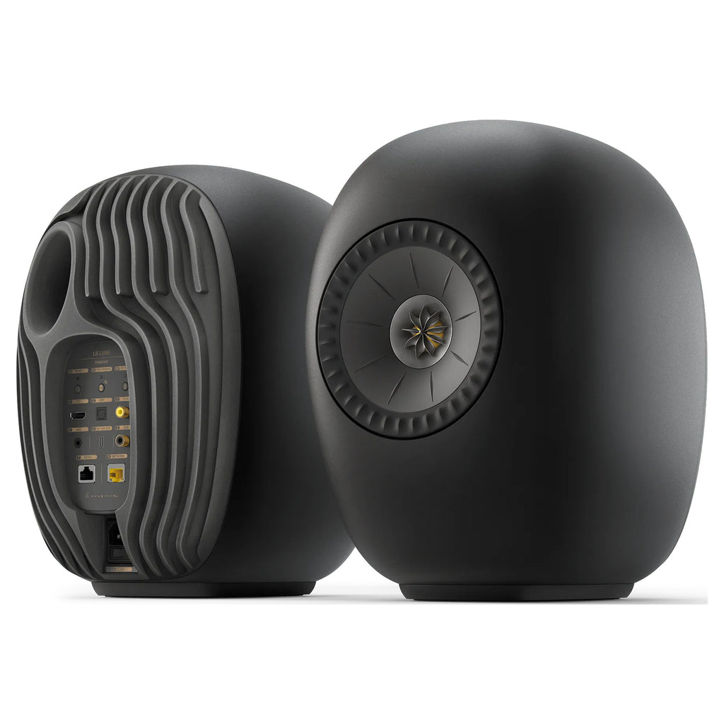 KEF LS Luxe wireless speakers in Eclipse Black, front and rear view of the pair