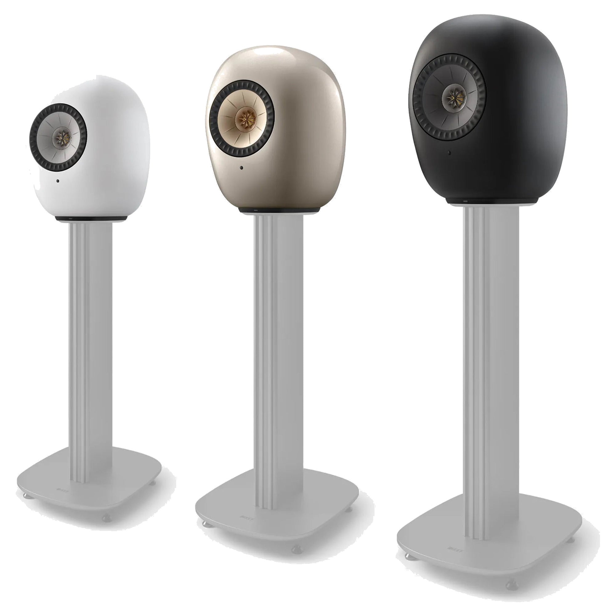 KEF LS Luxe in three finishes mounted on matching S-Luxe floor stands