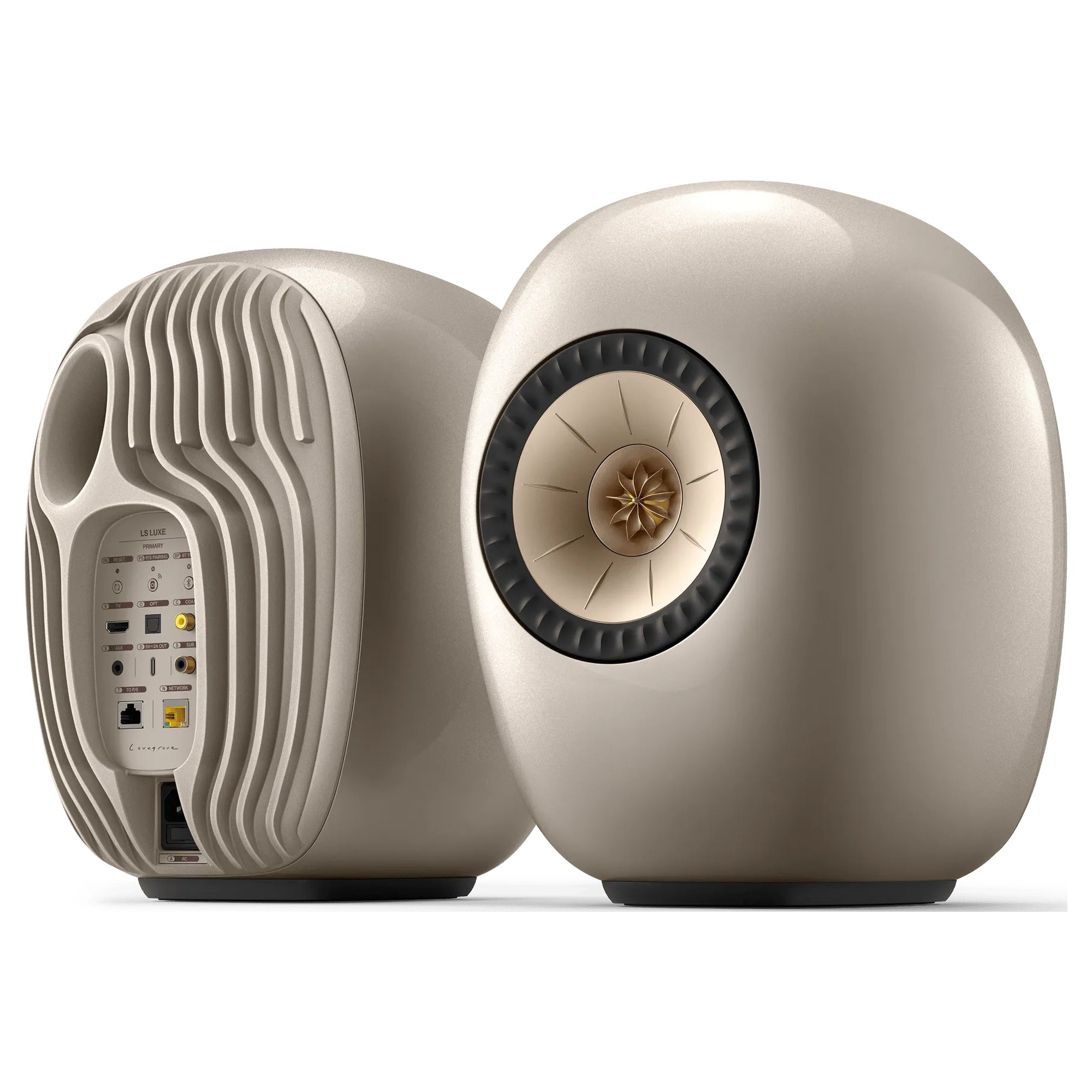 KEF LS Luxe wireless speakers in Dusk Titanium, front and rear view of the pair