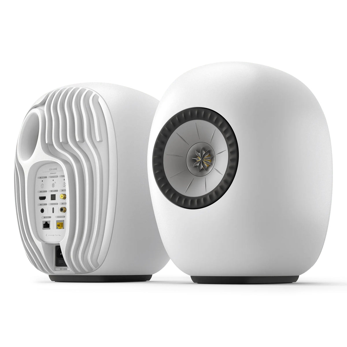 KEF LS Luxe wireless speakers in Mineral White, front and rear view of the pair