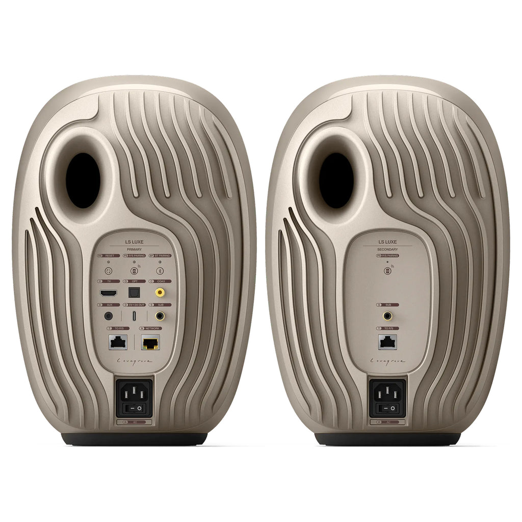 KEF LS Luxe rear panels showing HDMI eARC, optical, coaxial, aux and ethernet connectors