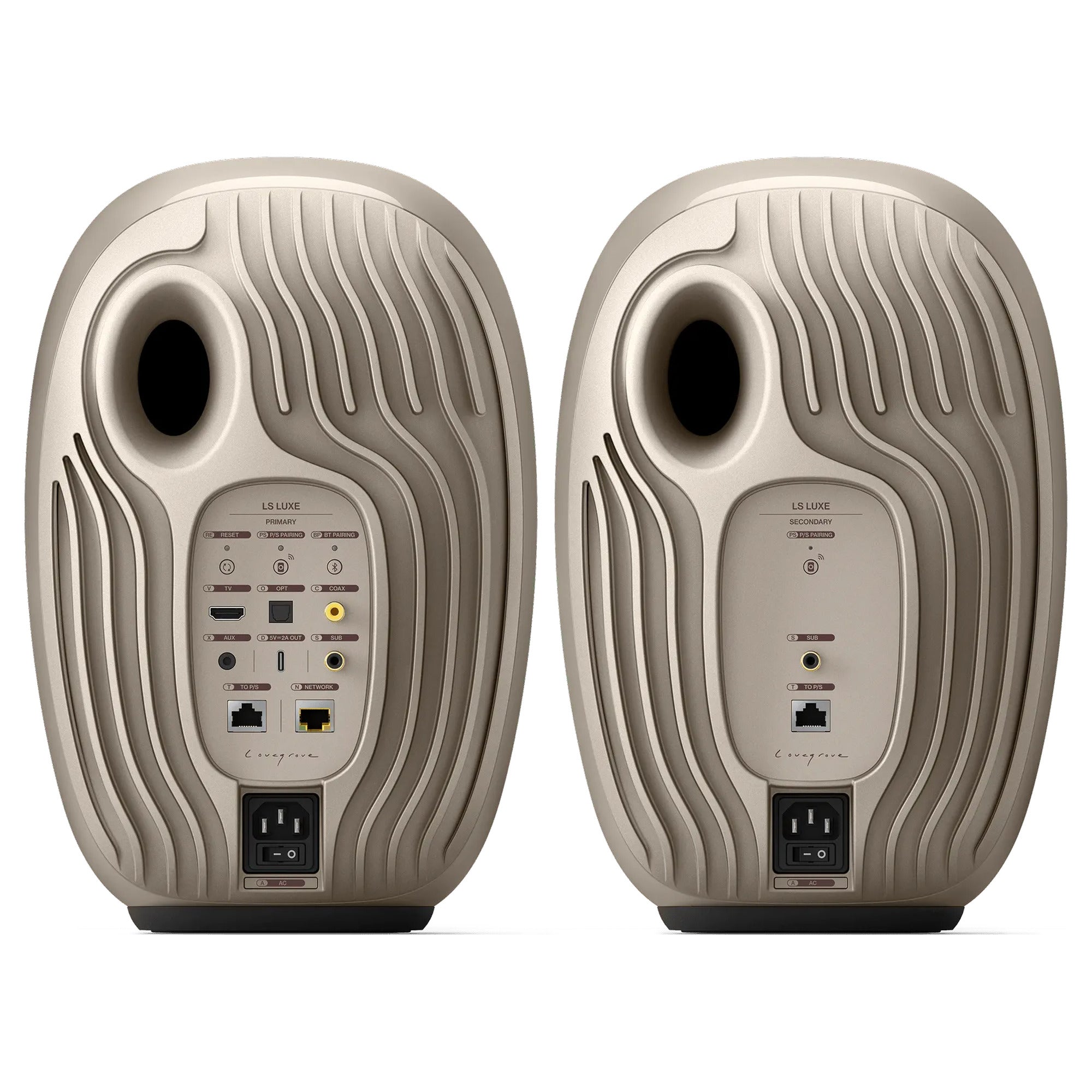 KEF LS Luxe rear panels showing HDMI eARC, optical, coaxial, aux and ethernet connectors