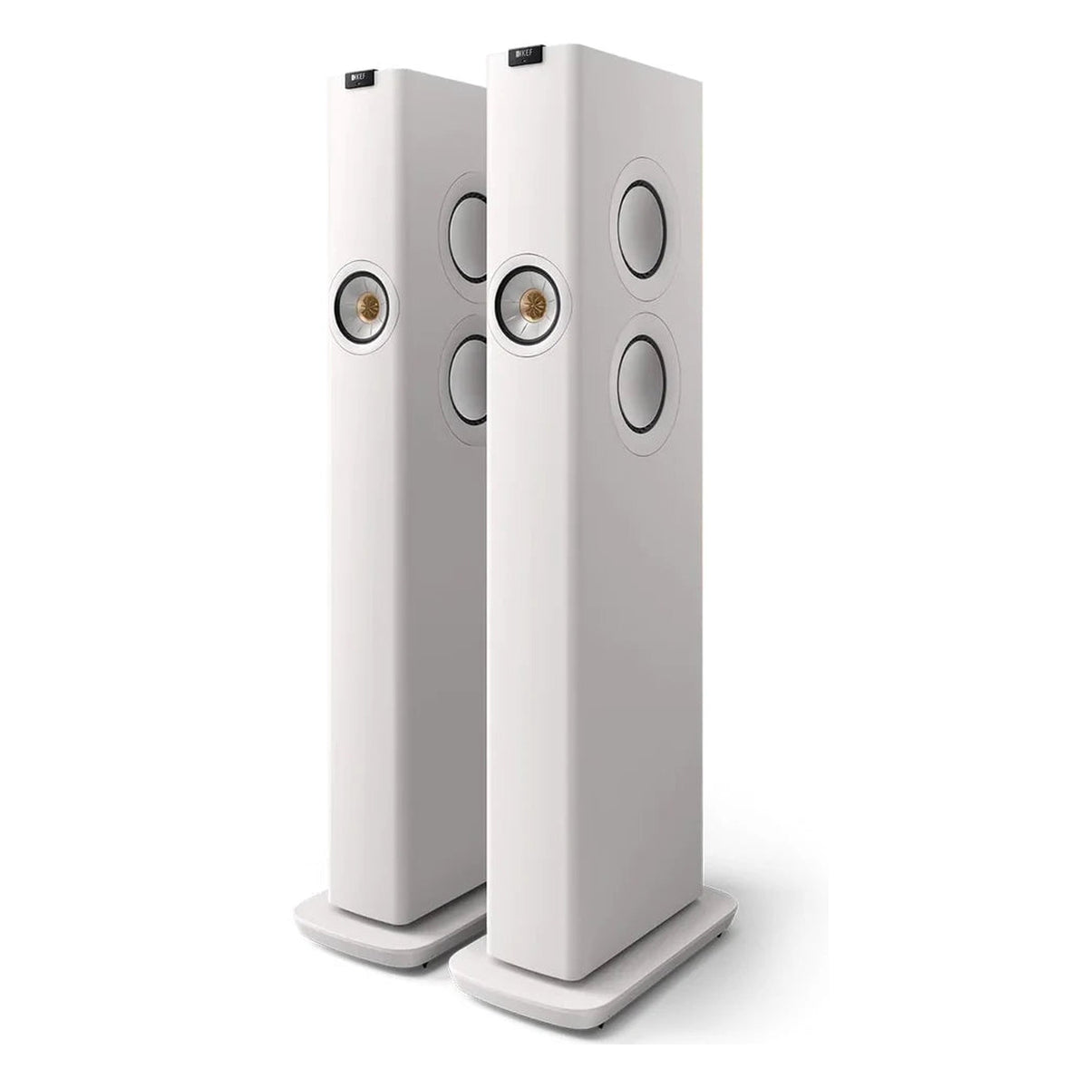 KEF LS60 Wireless floorstanding speakers with sleek black finish and modern design, showing multiple speaker drivers and clean aesthetic.