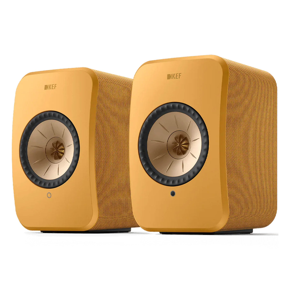 KEF LSX II wireless bookshelf speakers, on floor stands