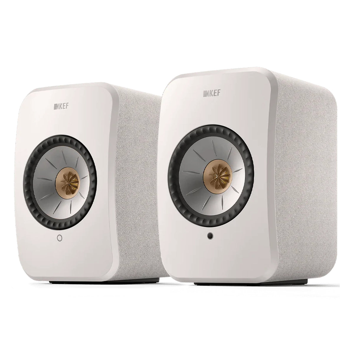 KEF LSX II wireless bookshelf speakers, on floor stands