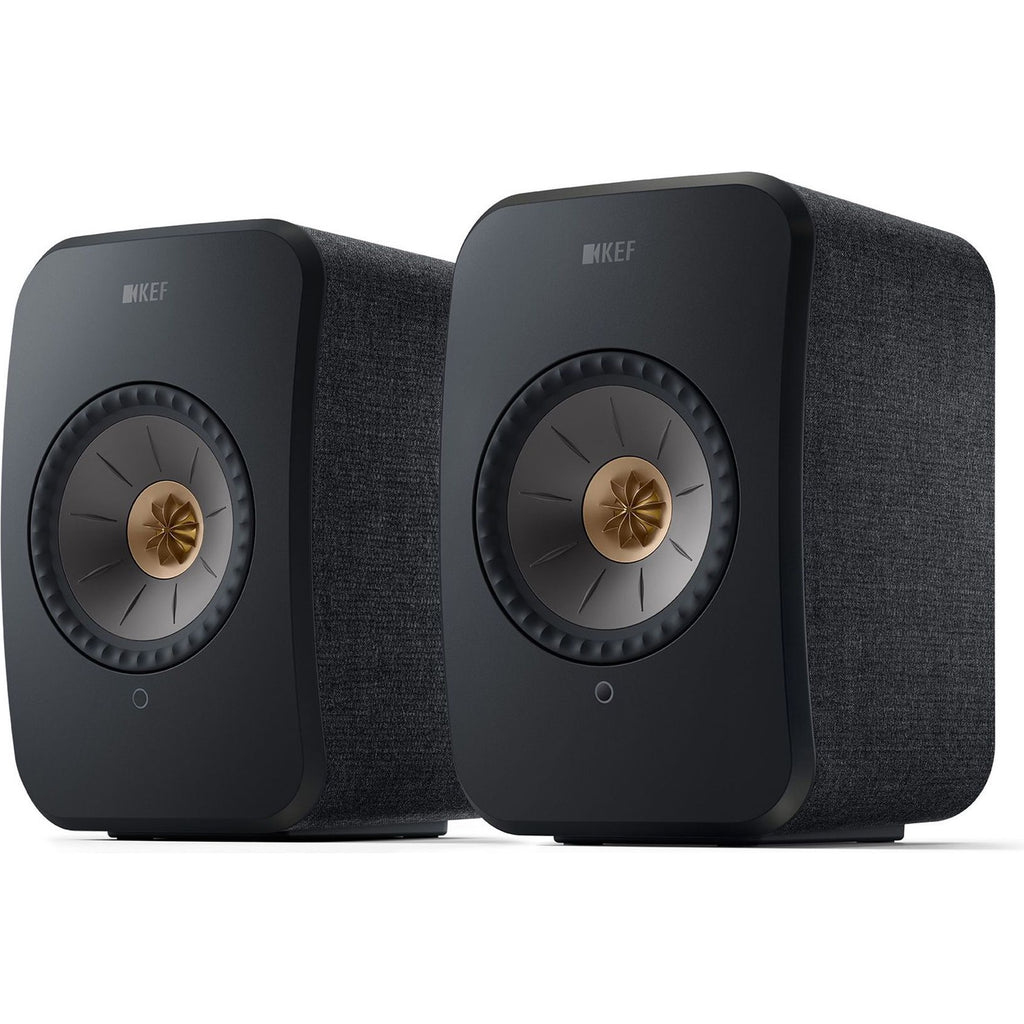 Pair of KEF LSX II active bookshelf speakers with sleek black finish, featuring compact design and high-quality audio drivers.