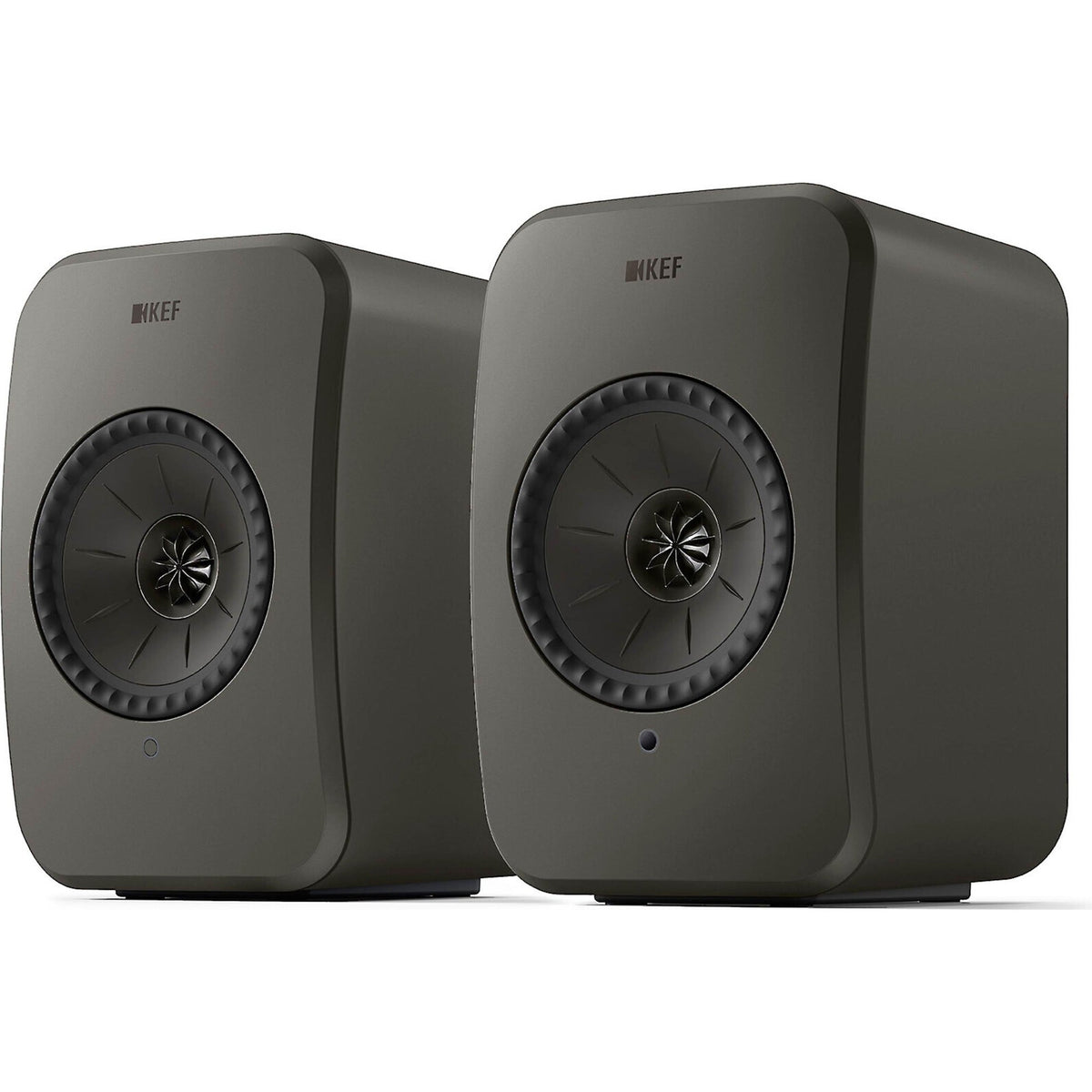 KEF LSX II LT active bookshelf speakers shown in a modern living room setup with sleek black design.
