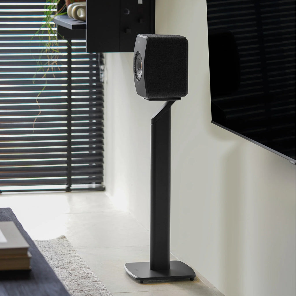 Black KEF LSX II active bookshelf speakers with sleek modern design and compact size, ideal for high-quality home audio.