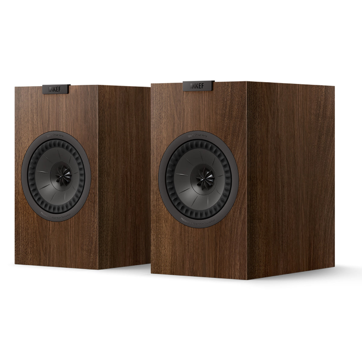 KEF Q1 Meta passive bookshelf speakers with black finish, showcasing compact design and front-facing speaker drivers.