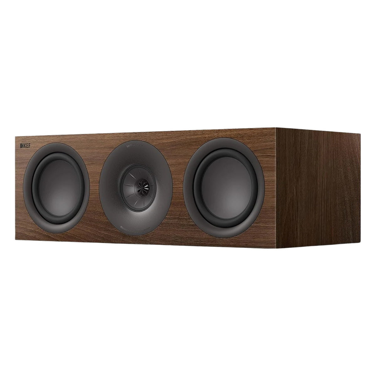KEF Q6 Meta center speaker showing sleek black design and speaker grille for home theater audio setup.