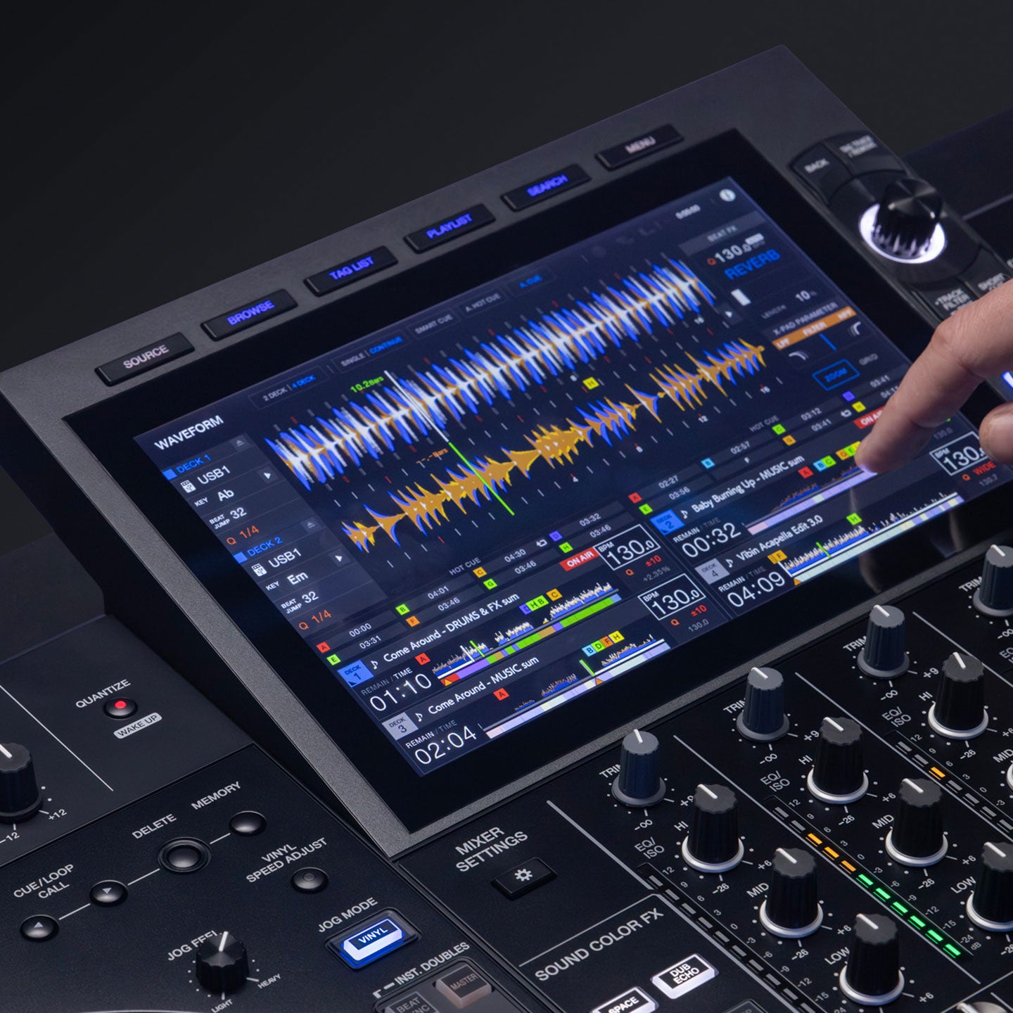 AlphaTheta XDJ-AZ DJ media player displaying colorful waveform and control interface on the screen with jog wheels and buttons