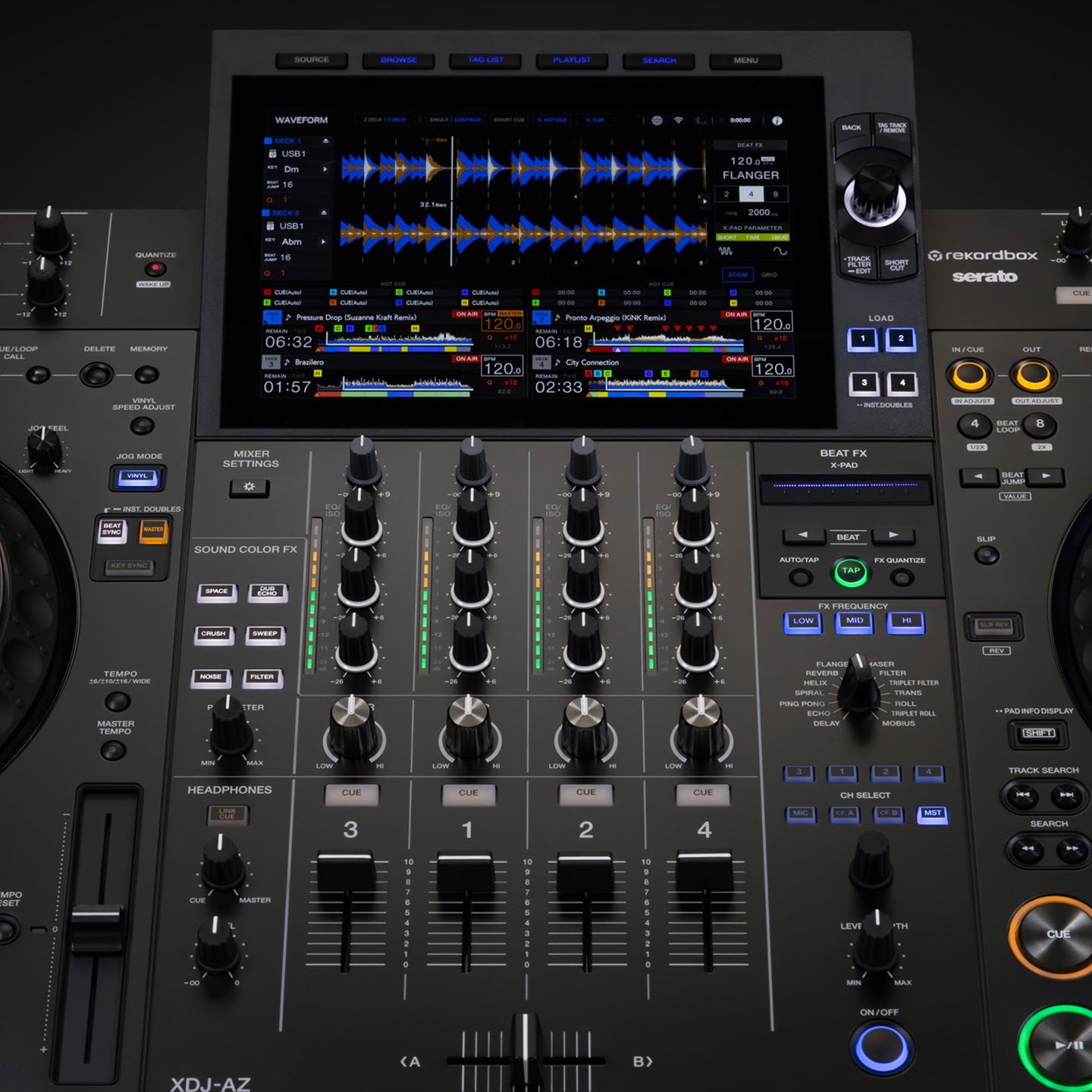 AlphaTheta XDJ-AZ DJ media player with jog wheels, display, and control buttons for professional DJ setups.
