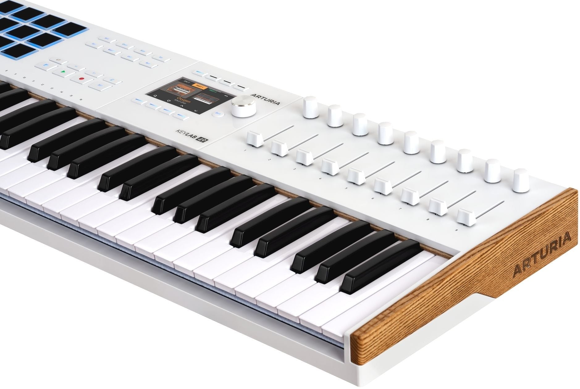 Arturia KeyLab 49 MK3 MIDI keyboard with control knobs and keys, shown in a close-up view highlighting its sleek design and features.