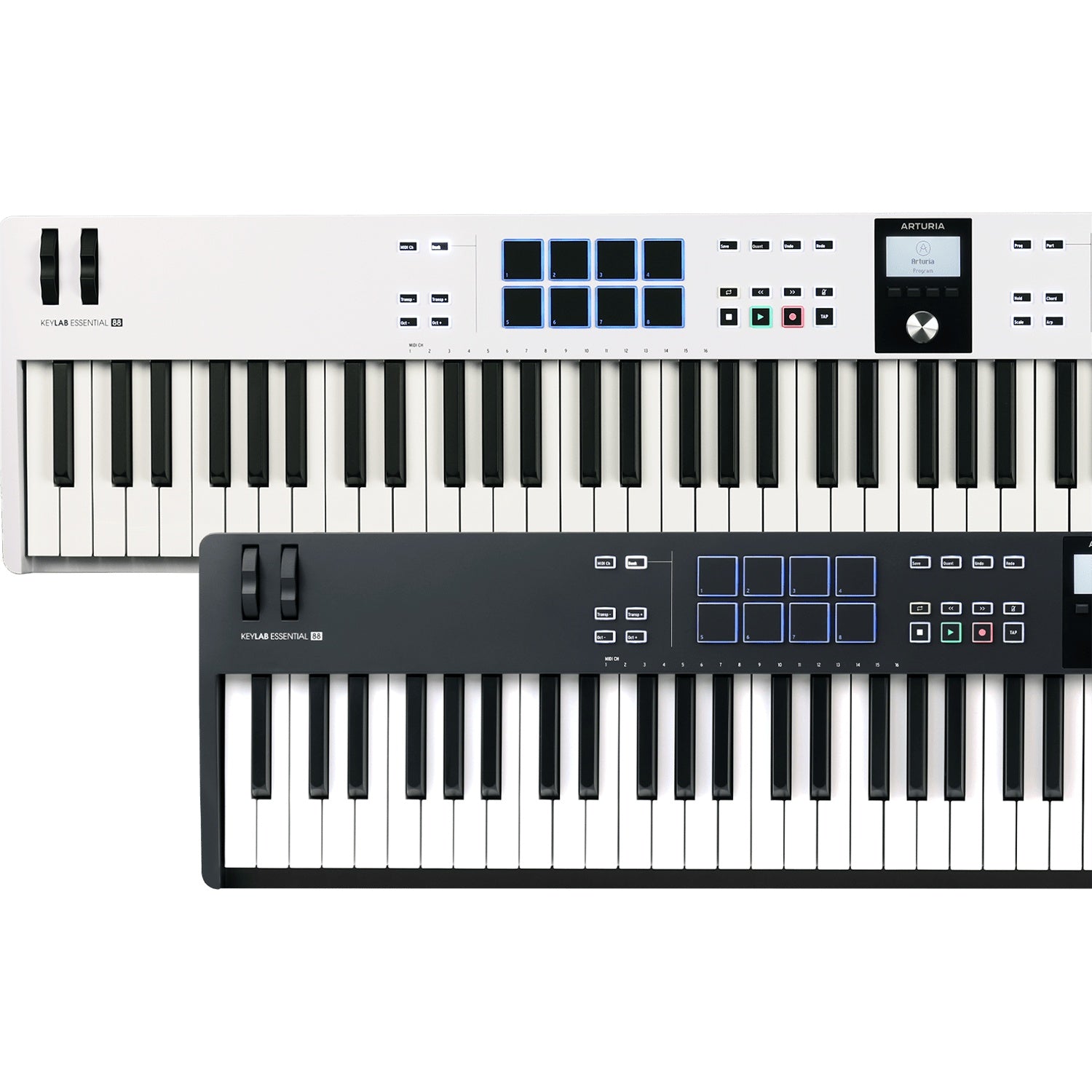 Arturia KeyLab Essential 88 MK3 MIDI keyboard with 88 keys, control knobs, and buttons for music production.