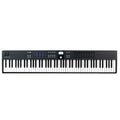 Black Arturia KeyLab Essential 88 MK3 MIDI keyboard with 88 keys and control knobs, designed for music production and performance.