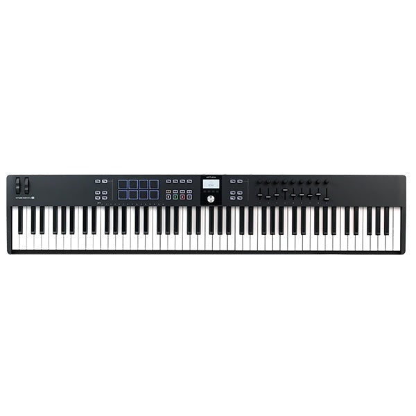 Black Arturia KeyLab Essential 88 MK3 MIDI keyboard with 88 keys and control knobs, designed for music production and performance.