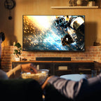 Klipsch Flexus Core 100 soundbar, under TV showing football game.