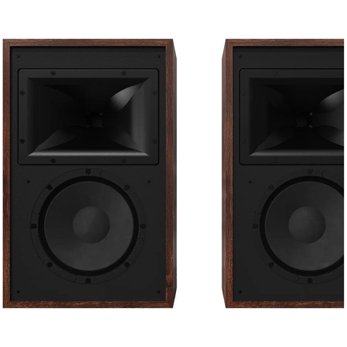 Klipsch Rebellion pair without grilles showing horn-loaded design