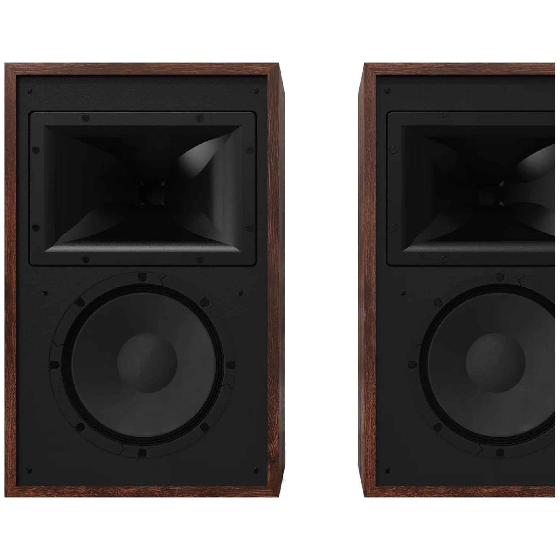Klipsch Rebellion pair without grilles showing horn-loaded design