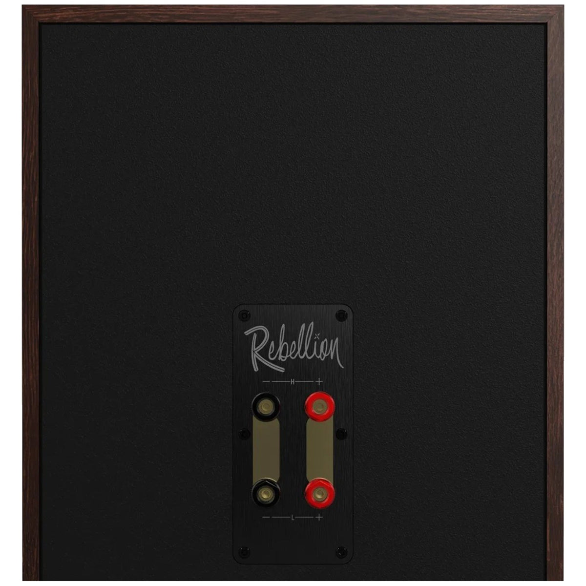 Klipsch Rebellion rear panel with Rebellion nameplate and dual binding posts